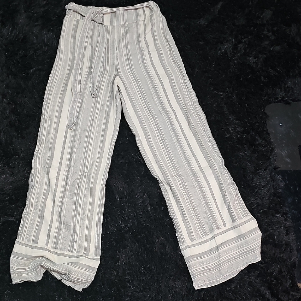 Express Women's Cream and Gray Striped Wide Leg Pants